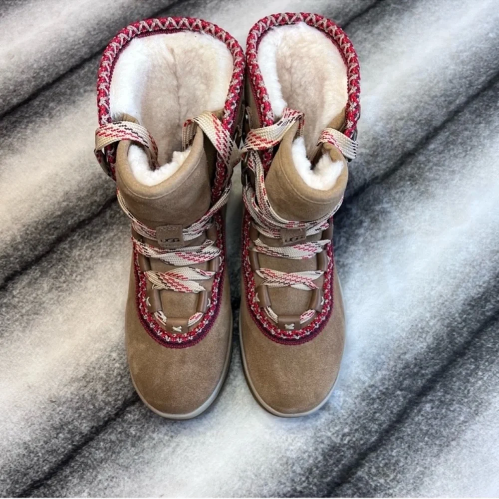 UGG Tan Suede Winter Boots with Red Trim